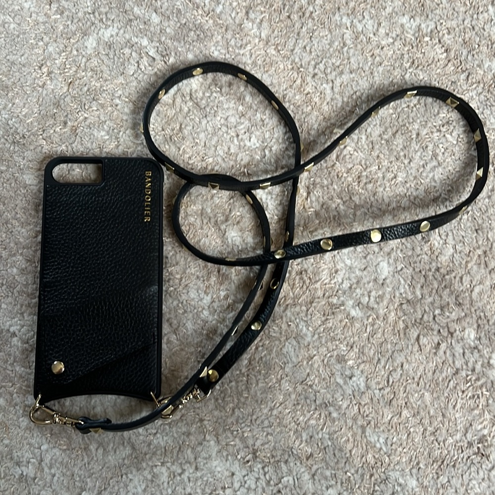 Bandolier Black Leather Phone Case Crossbody Pyramid Studded Leather Strap